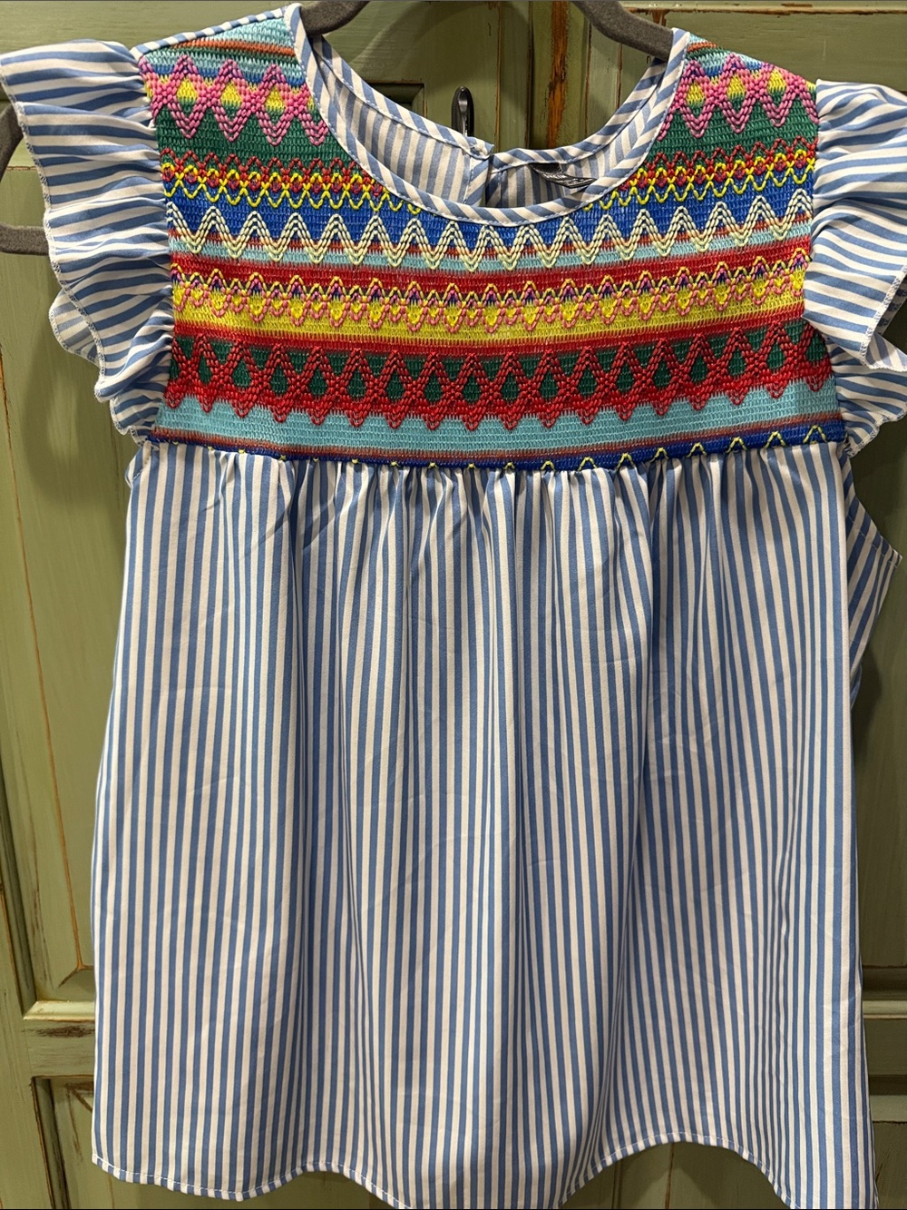 SHEIN Blue & Multicolor Embroidered Striped Top - Picture 5 of 6